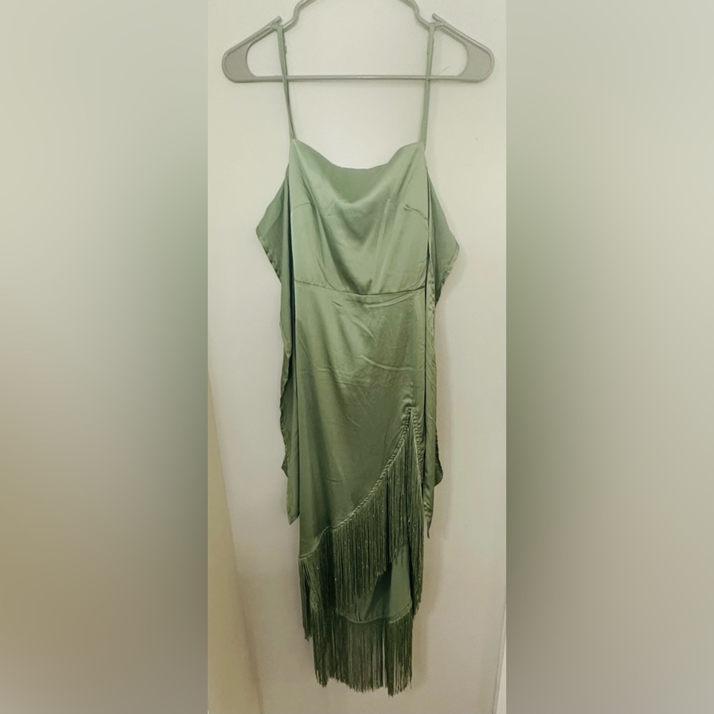 12th TRIBE MONET SAGE FRINGE SATIN MAXI DRESS